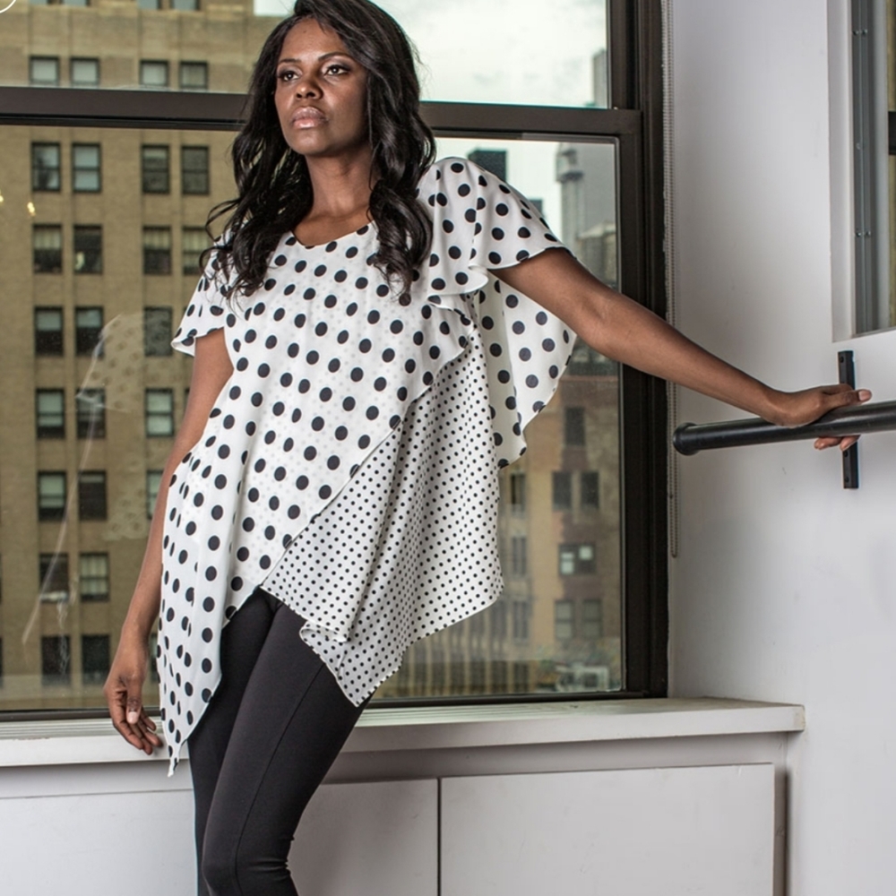 P Luca Milano White Black Polka Dot Criss Cross High-Low Blouse M